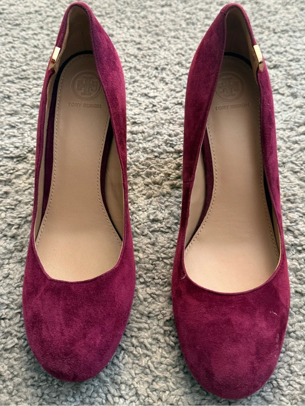 Tory Burch Plum Suede Round-Toe Heels with Gold Logo Accent